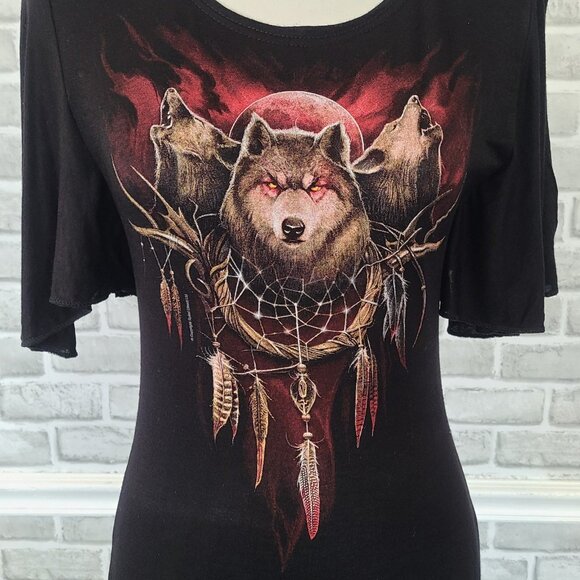 Spiral Direct Cry of the Wolf Black Tshirt Goth Gringe Edgy Medium Bat Sleeve - Picture 3 of 9